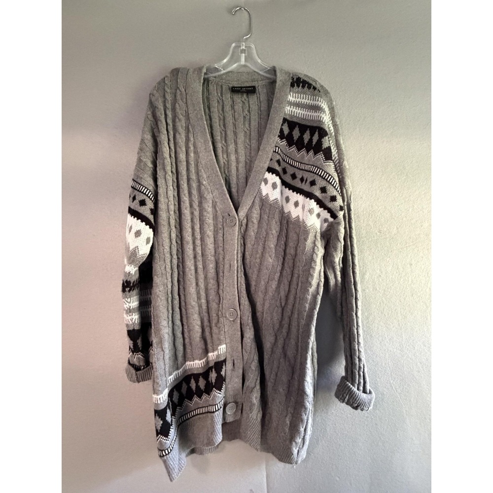 Lane Bryant Cardigan Sweater Womens 18/20 Gray Fair Isle Cable Knit Longline
